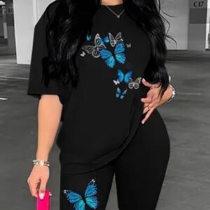 Black T-Shirt with matching Shorts Blue Butterfly Design